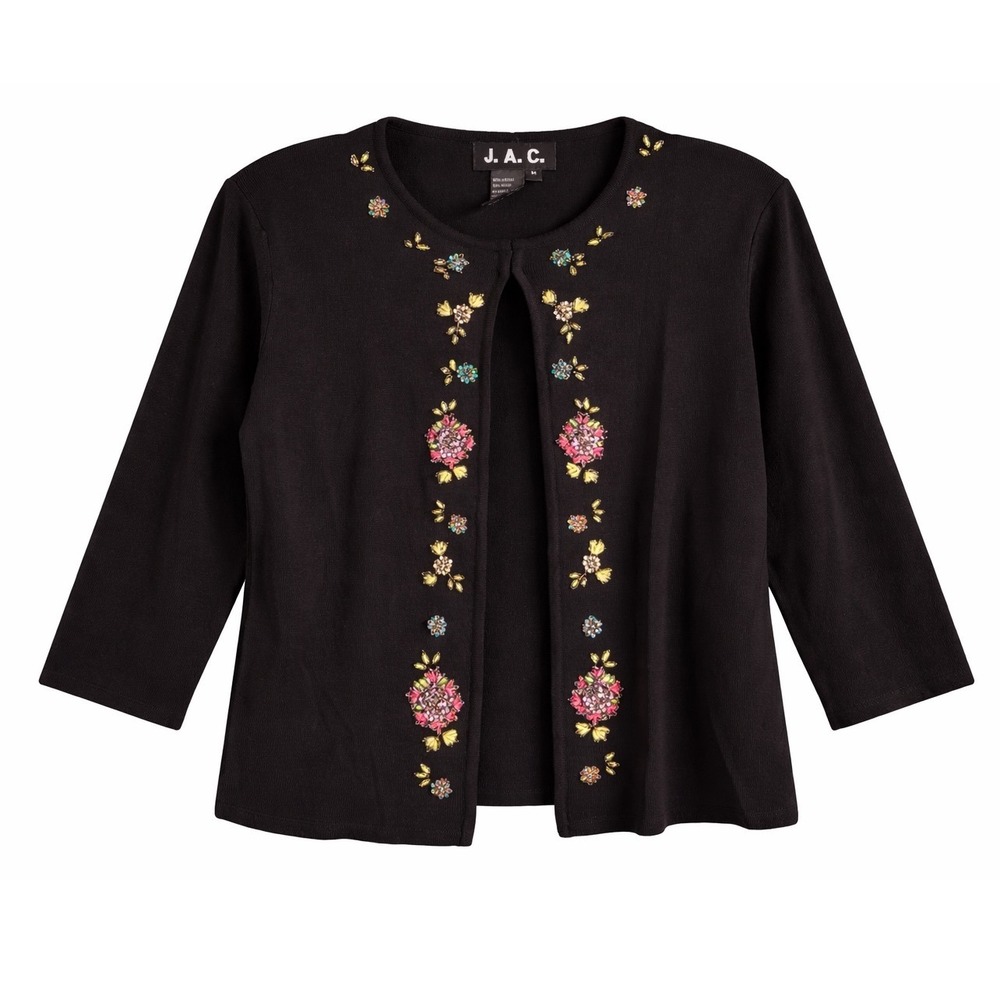 J.A.C. Vintage Black Beaded‎ Floral Knit Cardigan Open Front 3/4 Sleeve Medium